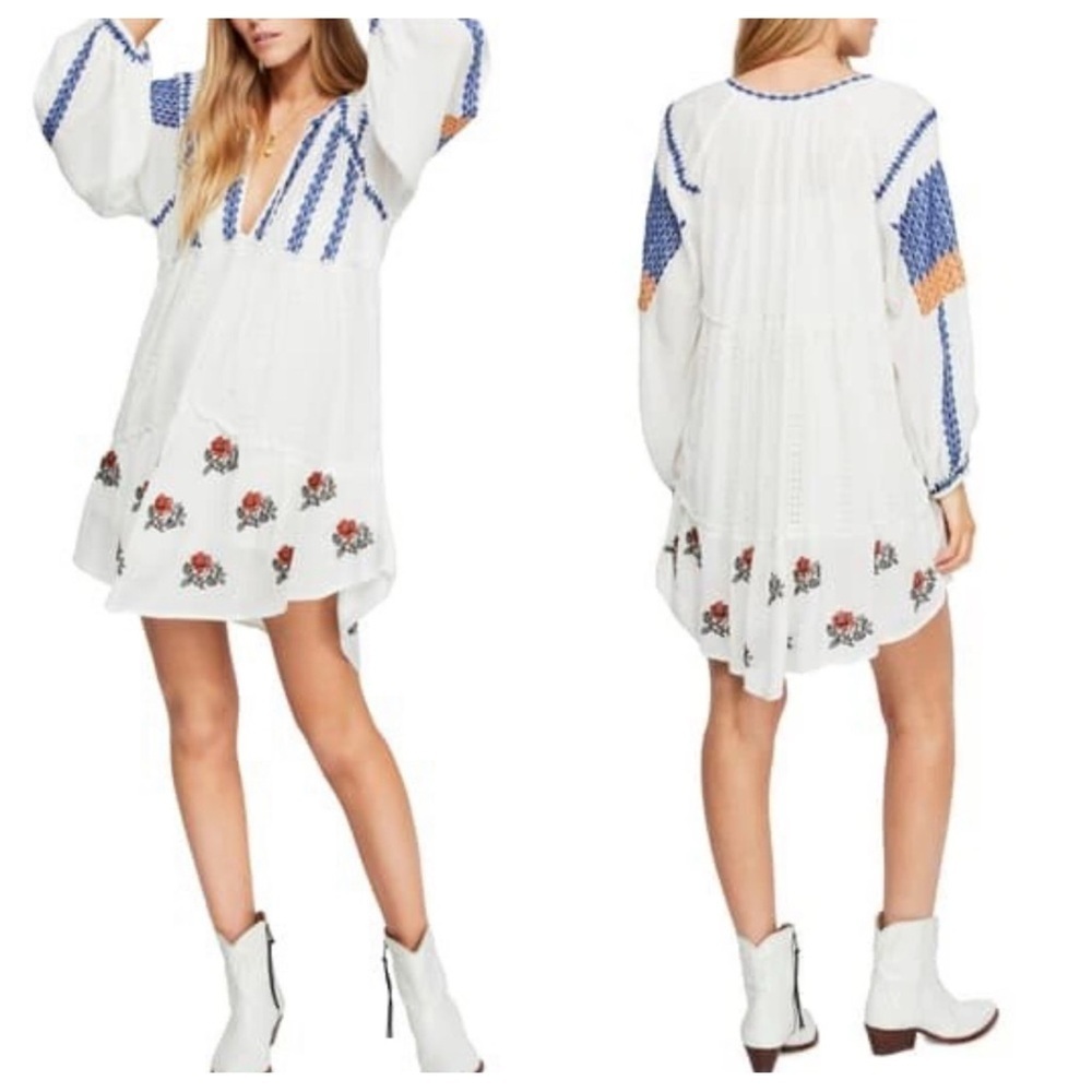 Free People Wild horses boho White Blue Long Sleeve peasant Dress 2766